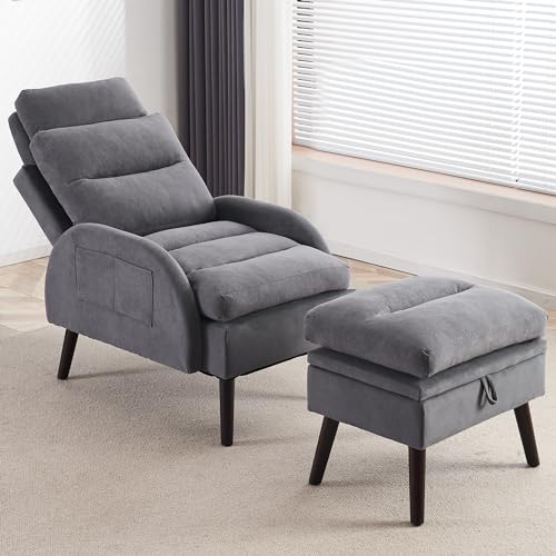 Accent Chair with Ottoman, Comfy Reading Chair with Ottoman and Adjustable Backrest, Oversized Morden Velvet Lounge Armchair and Ottoman Set with Side Pocket for Living Room Bedroom, Beige