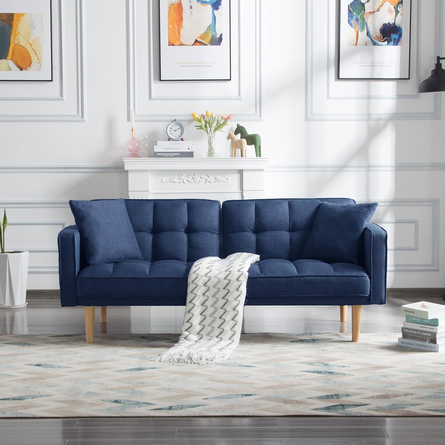 Sleeper 71.5" Tufted Futon Sofa Bed, Modern Fabric Folding Loveseat Couch Convertible Recliner Lounge with Wooden Legs and 2 Square Pillows for Living Room, Apartment, Office, Navy Blue