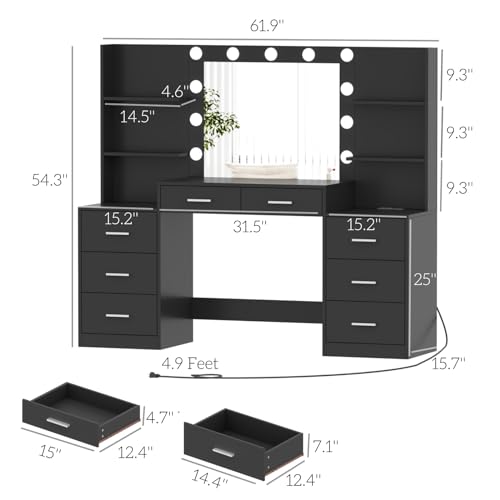 Large Vanity Desk with Mirror and Lights, White Makeup Vanity with Power Outlet, 8 Drawers U4403