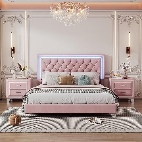 3-Pieces Bedroom Furniture Sets, Queen Size Upholstered Platform Bed with LED Lights and 2 Nightstands, Velvet Platform Bed with Crystal Tufted Headboard,Strong Wooden Slats, Metal Legs (Gray-P3A01)