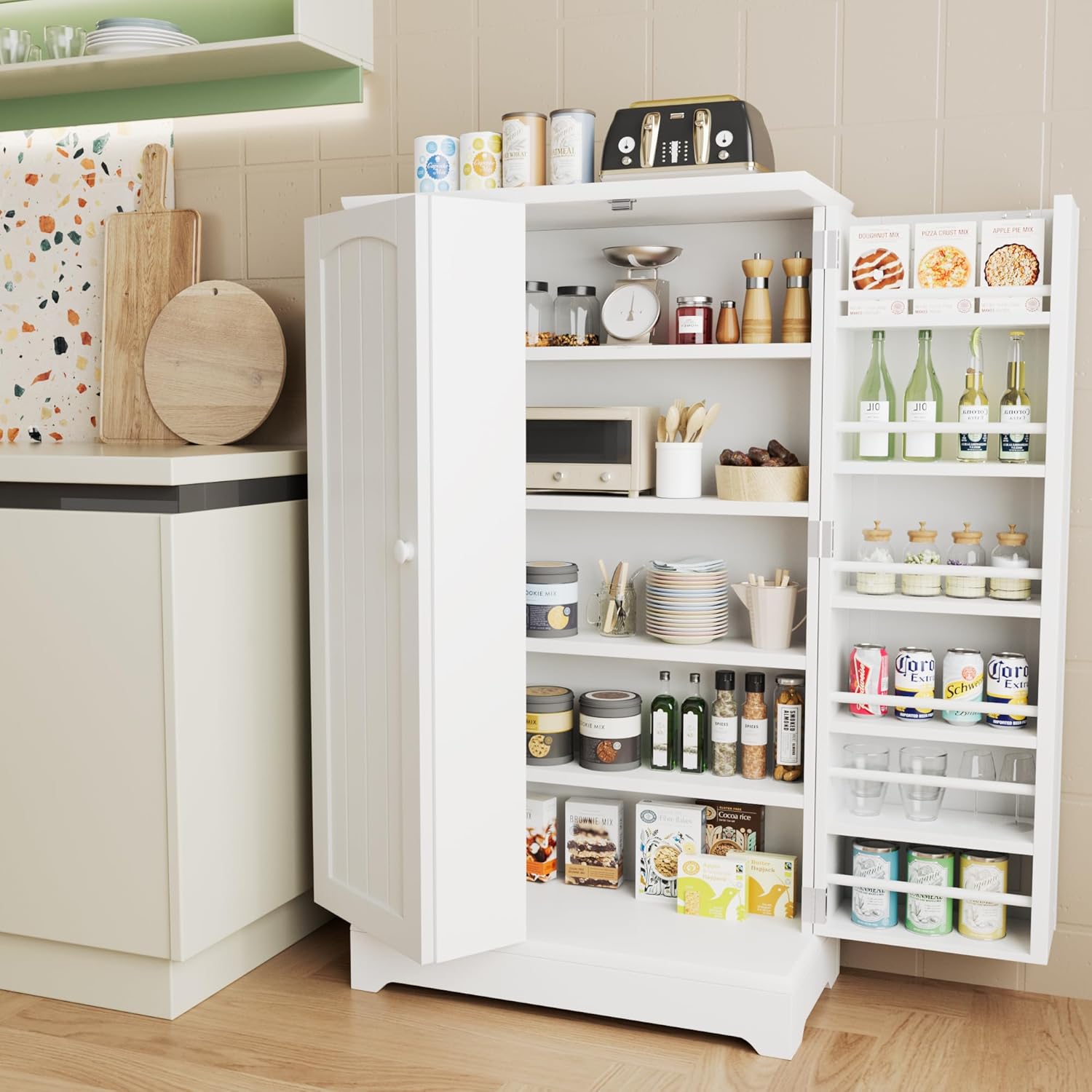Kitchen Pantry Storage Cabinet with Doors and Adjustable Shelves, White I4469