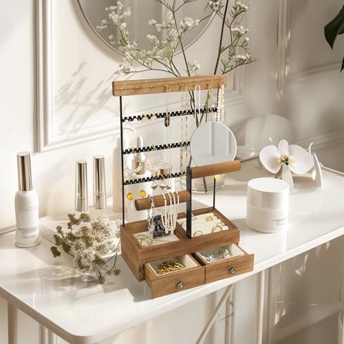 Jewelry Holder Organizer with Mirror, 9 Hooks and 2 Drawers U4195