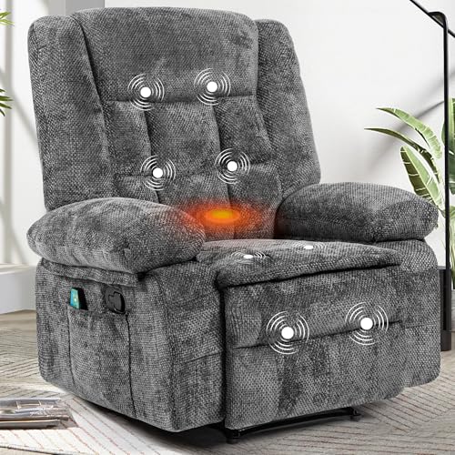 Recliner Chair for Adults with Massage and Heat, Breathable Fabric Reclining Chair with Side Pockets, Comfy Living Room Single Sofa Chair, Dark Grey