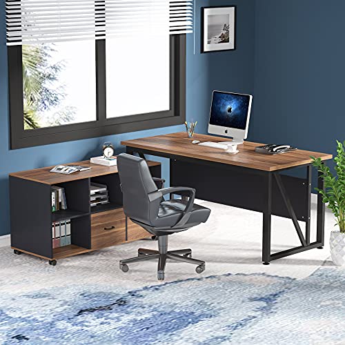 Executive Desk with Lateral File Cabinet, L-Shaped Computer Desk with Drawers and Shelves J291244