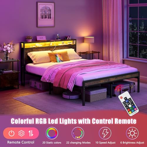 Vintage Brown Bed Frame with LED Light and Charging Station G33947