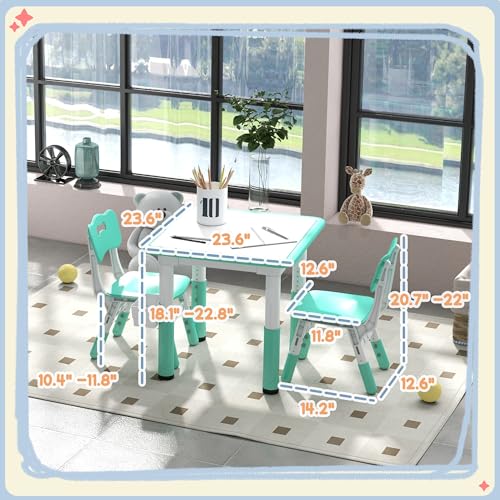 Kids Table and Chairs Set, Height Adjustable Toddler Furniture with Storage, Green J4290