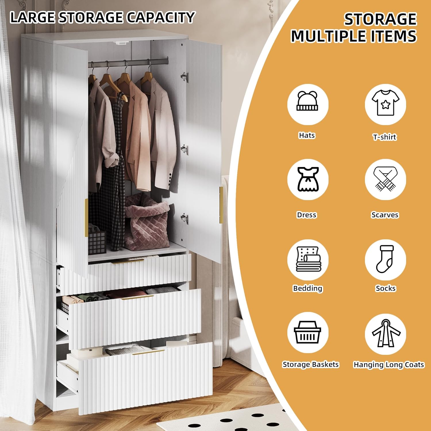 Wooden Wardrobe Armoire with 2 Doors and 3 Drawers, White N102552