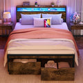 Full Size Bed Frame with LED Light and Charging Station, Storage Headboard and Drawers, Heavy Duty Metal Slats, Easy Assembly, Vintage Brown