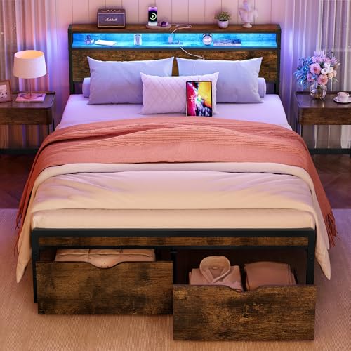 Full Size Bed Frame with LED Light and Charging Station, Storage Headboard and Drawers, Heavy Duty Metal Slats, Easy Assembly, Vintage Brown