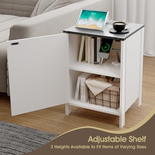 Farmhouse Nightstands Set of 2 with Charging Station, Rustic Bedside Table with Storage, White E21715
