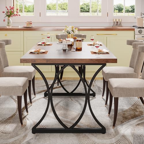 Farmhouse Dining Table for 6, Rectangle Kitchen Table, Brown & Black T4198
