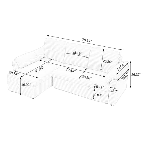 Corduroy Tufted Sleeper Sectional Sofa with Storage Chaise C37287