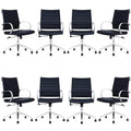 Ribbed Mid Back Conference Room Chairs - Lumbar Support, Modern Style Executive Chair for Home and Office - 360 Swivel Rolling Wheels - Aluminum Chrome Frame & Base - Black (Pack of 8)