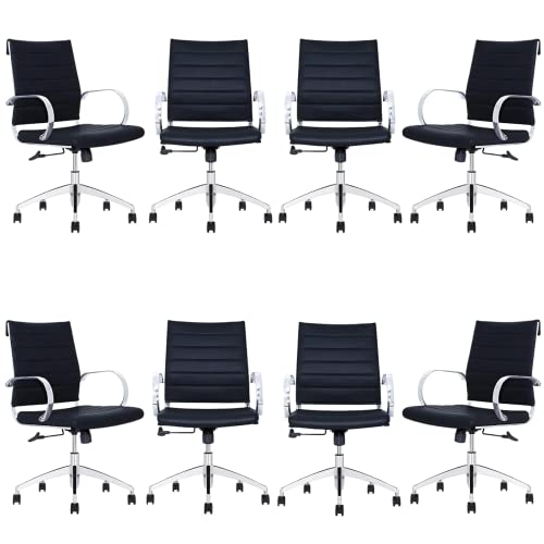 Ribbed Mid Back Conference Room Chairs - Lumbar Support, Modern Style Executive Chair for Home and Office - 360 Swivel Rolling Wheels - Aluminum Chrome Frame & Base - Black (Pack of 8)