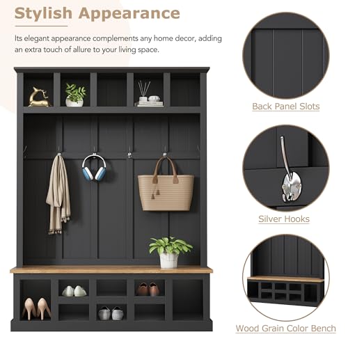 Wide Entryway Hall Tree with Storage Bench and Coat Rack, Black Q955087