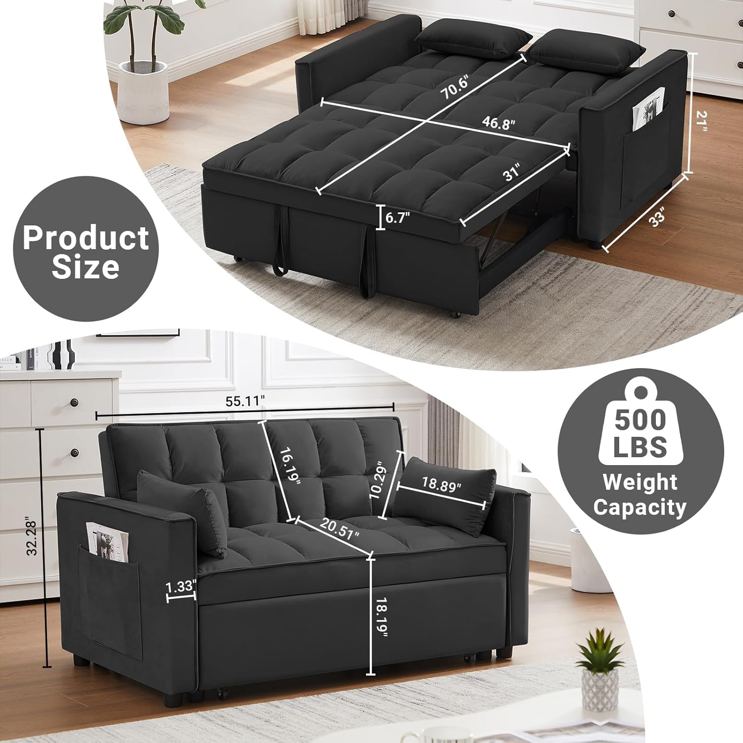 3 in 1 Convertible Sleeper Sofa Bed with Velvet Chaise and Pillows C944809
