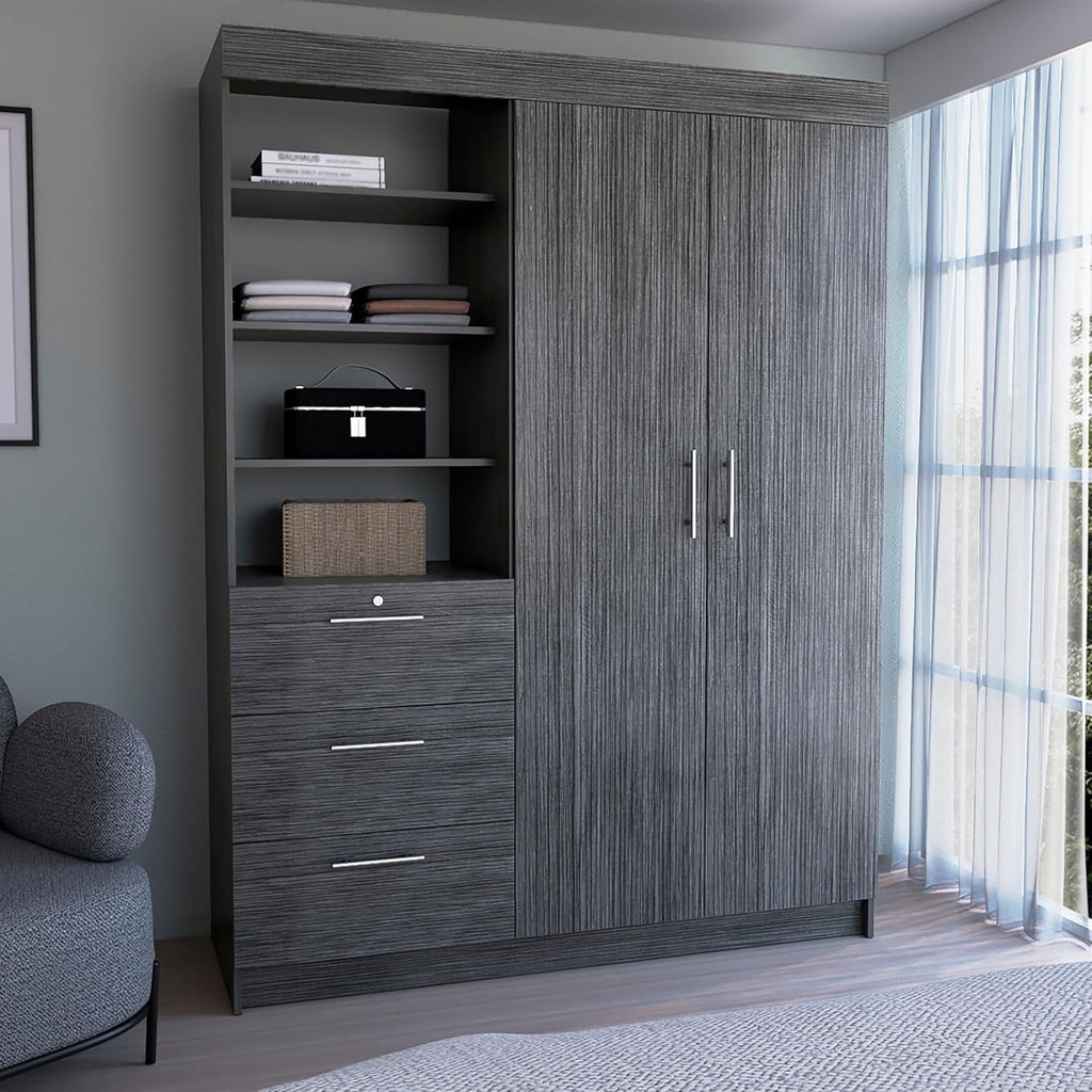 Wooden Wardrobe with 2 Doors, 3 Drawers, Shelves and Hanging Rod L67527