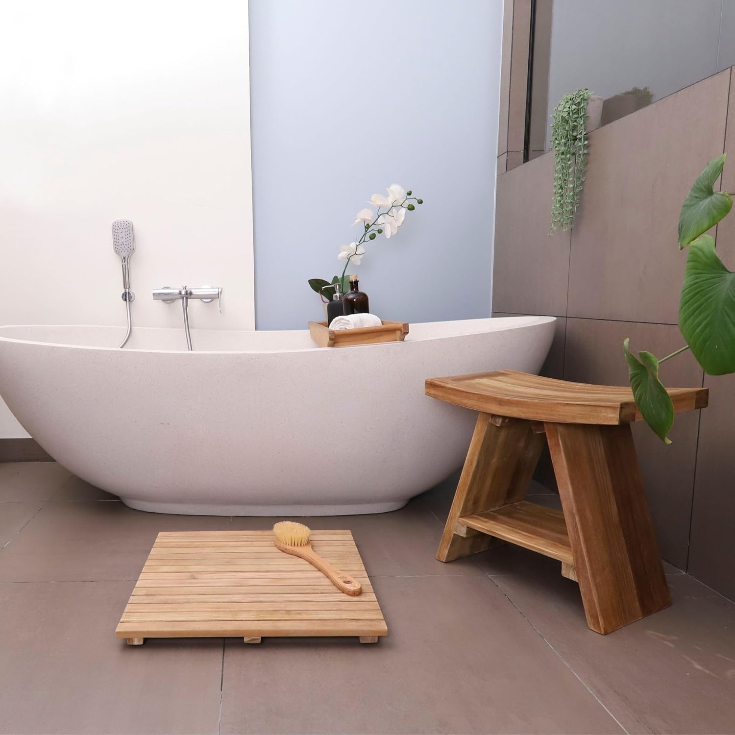 Teak Wood Shower and Bath Stool with Curved Seat S96749