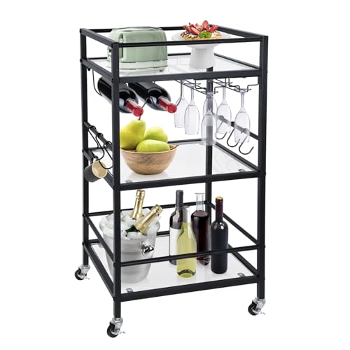 Bar Cart, Serving Cart for Home, Wine Cart with 3 Tier Mirrored Shelf, Glass Holders, Wine Racks, Drink Cart on Wheels, Rolling Beverage Cart for bar, Kitchen, Dining, Living Room, Gold