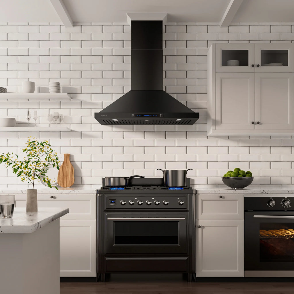 IKTCH 30 inch Black Wall Mount Range Hood, 900 CFM Ducted/Ductless Stainless Steel Vent Hood with Gesture Sensing & Touch Control Switch Panel, 2 Pcs Adjustable Lights(IKP02-30-BSS)