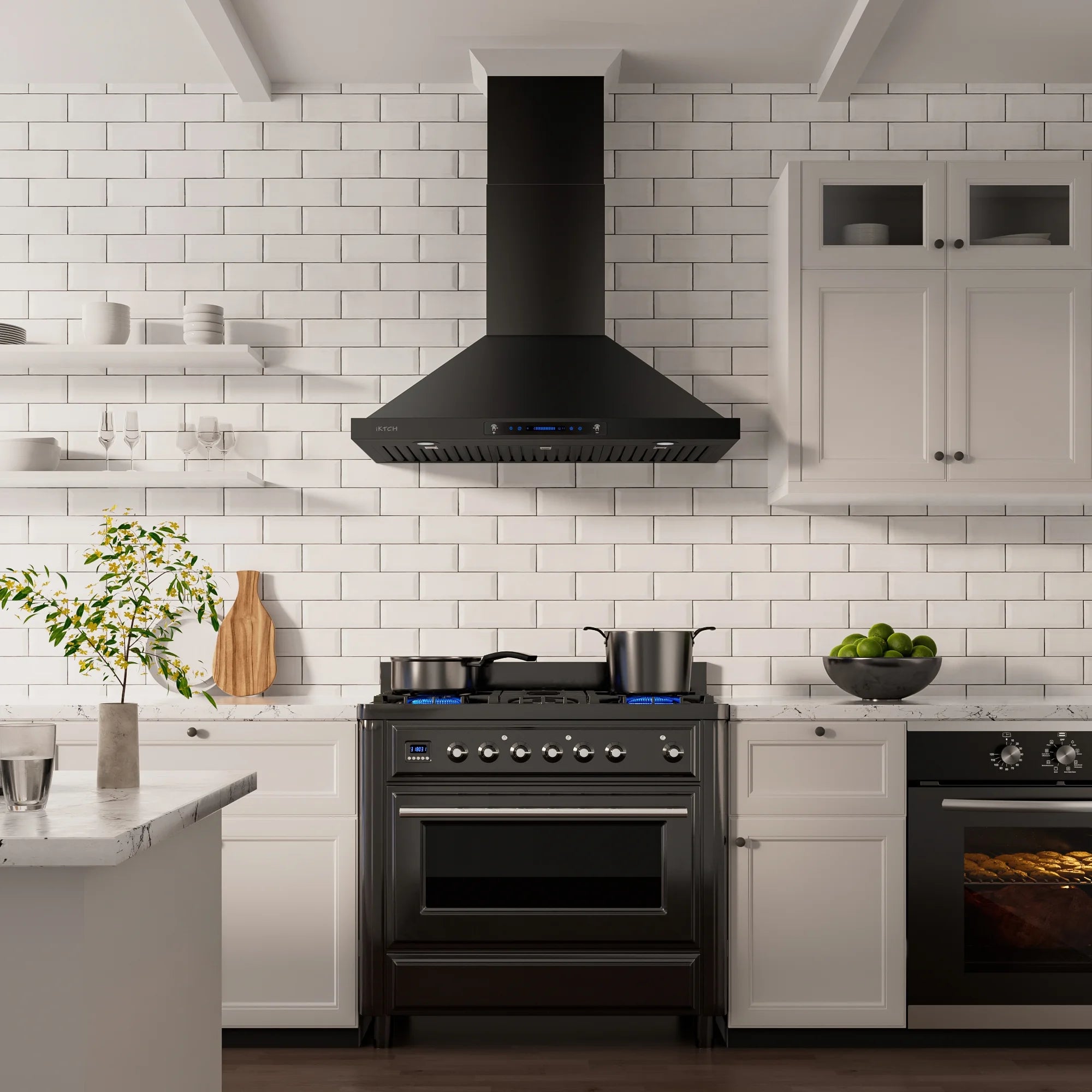 IKTCH 30 inch Black Wall Mount Range Hood, 900 CFM Ducted/Ductless Stainless Steel Vent Hood with Gesture Sensing & Touch Control Switch Panel, 2 Pcs Adjustable Lights(IKP02-30-BSS)
