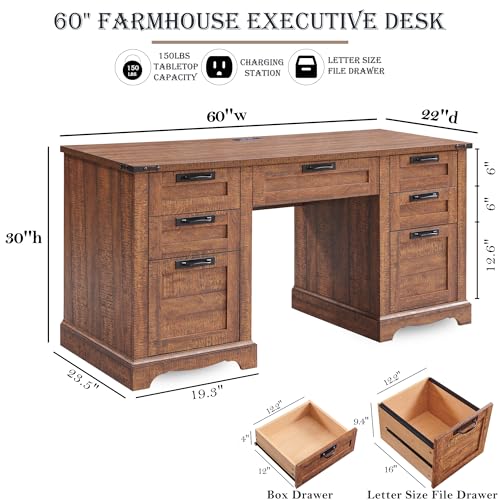 60" Farmhouse Executive Desk with Drawers, Charging Station, Keyboard Tray, File Drawer, Storage Cabinet P5608