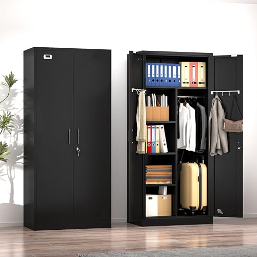 Metal Armoire Wardrobe Closet with 2 Doors, Shelf and Hanging Rod T853671