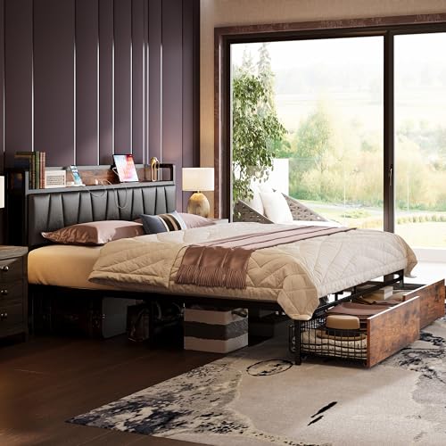 Full Size Bed Frame with Storage Headboard and Drawers, No Box Spring Needed C521