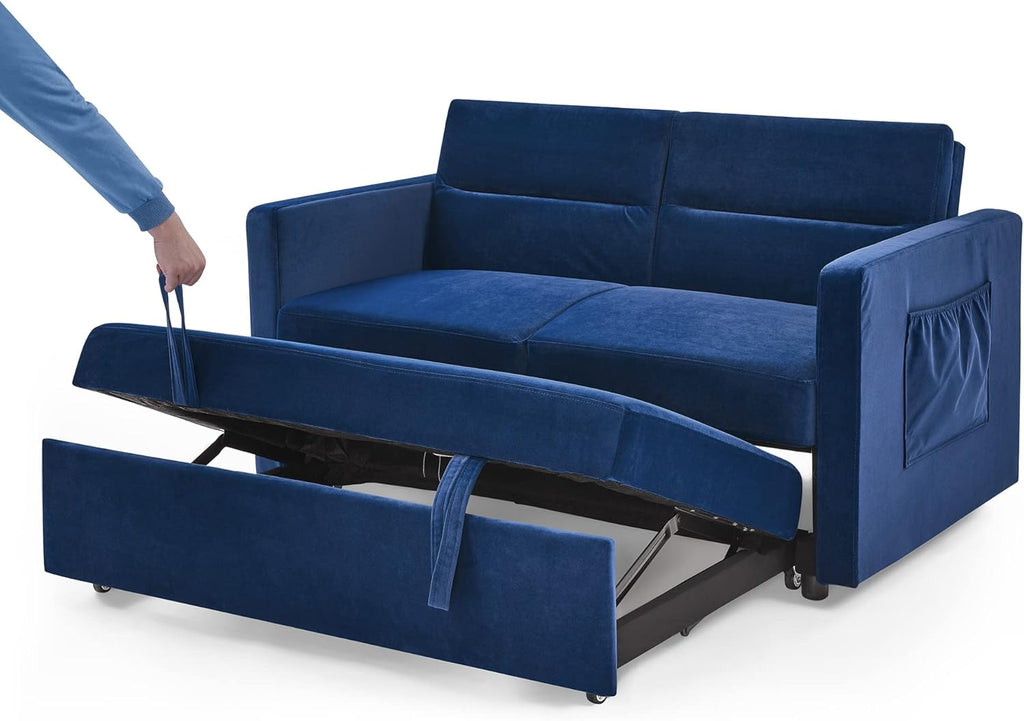 Futon Couch Pull Out Sleep, 2 Seater Convertible Sofa with Adjustable Backrest, Blue Velvet H50307