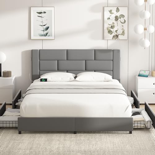 Queen Size Bed Frame with 4 Storage Drawers, Upholstered Platform Bed with Velvet Headboard and Charging Station, Beige P5623