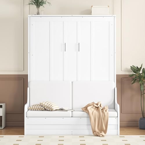 Murphy Bed with Wardrobe, Foldable Wooden Bed Frame with Drawers and Shelves V440