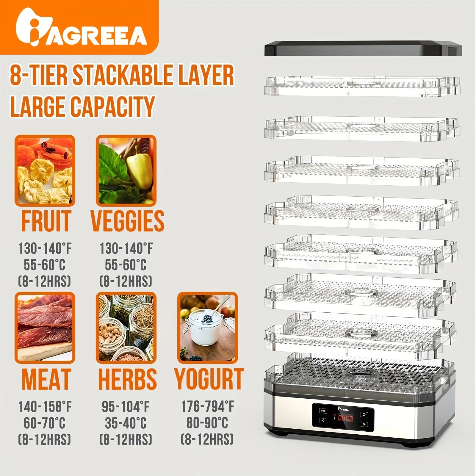 Food Dehydrator with 8 Trays, Digital Timer and Temperature Control P32552