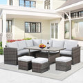 Solaste 7 Piece Outdoor Patio Furniture Set, Outdoor Sectional PE Rattan Patio Conversation Sofa with All Weather Dining Table Chair Set, Blue