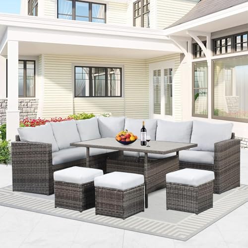 Solaste 7 Piece Outdoor Patio Furniture Set, Outdoor Sectional PE Rattan Patio Conversation Sofa with All Weather Dining Table Chair Set, Blue
