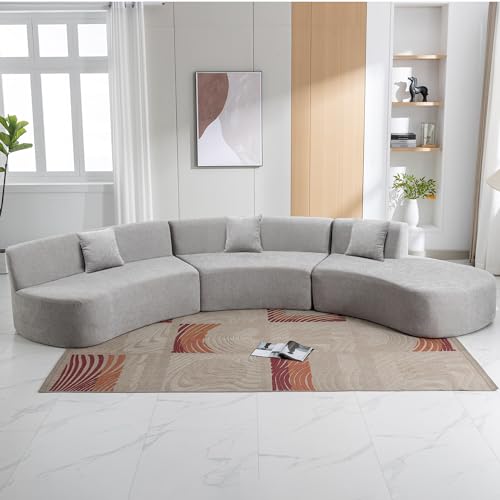 Curved Chenille Sectional Sofa with Three Throw Pillows, Grey I1781
