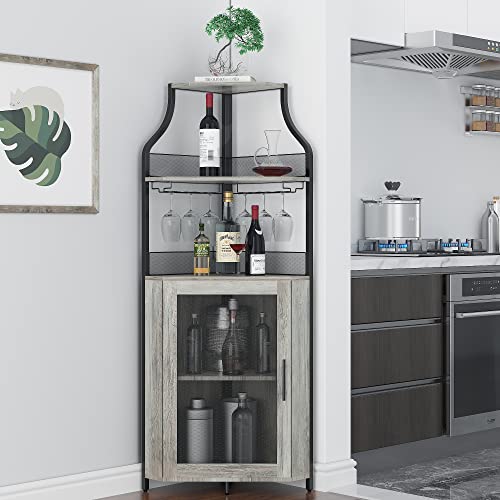 IDEALHOUSE Corner Bar Cabinet, Wine Bar Cabinet with Large Storage Space and Detachable Wine Rack, Wine Cabinets with Glass Holder and Mesh Door for Dining Room, Living Room, Kitchen (Black)