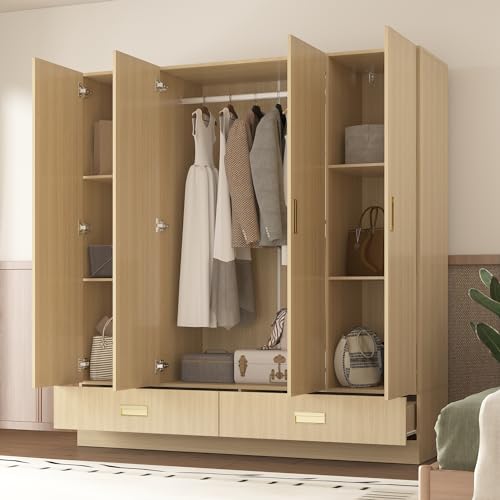 Modern Armoire Wardrobe Closet with 8 Doors and 2 Drawers, Light Brown Wood Grain E2835