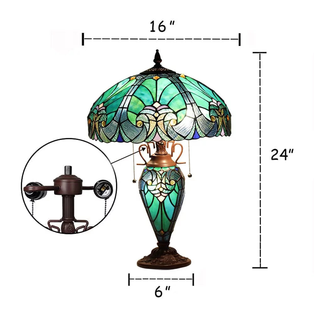 Handmade Stained Glass Table Lamp, 16" Wide, Sea Green Victorian Style W96750