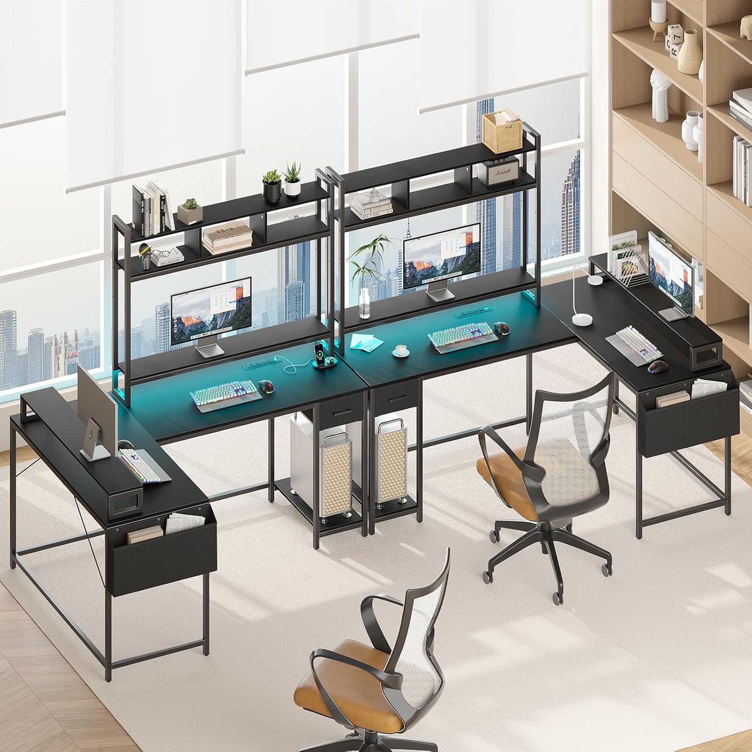 L Shaped Gaming Desk with Monitor Shelf and Power Outlets Q696200
