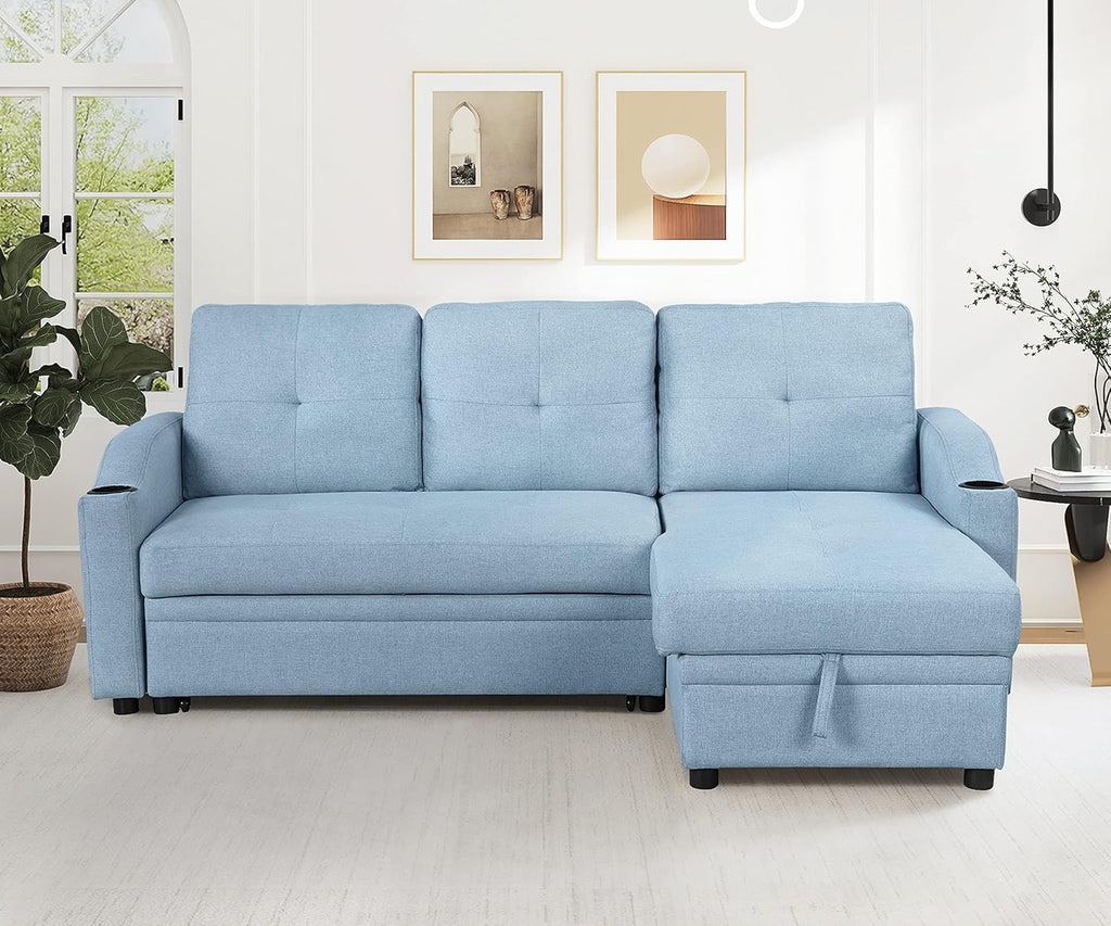 L-Shape Convertible Sleeper Sofa with Pull-Out Bed and Storage Chaise, Blue O64215