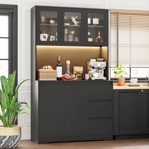 finetones 71" Kitchen Pantry Cabinet with LED Lights and Charging Station, Modern Kitchen Cabinet Hutch Cabinet with Storage and Microwave Stand, Pantry Cabinet Buffet Cabinet with Countertop, Black