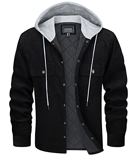 EKLENTSON Men's Corduroy Winter Warm Quilted Lined Padded Hoodies Cotton Casual 5 Pockets Hooded Button Down Jackets & Coats