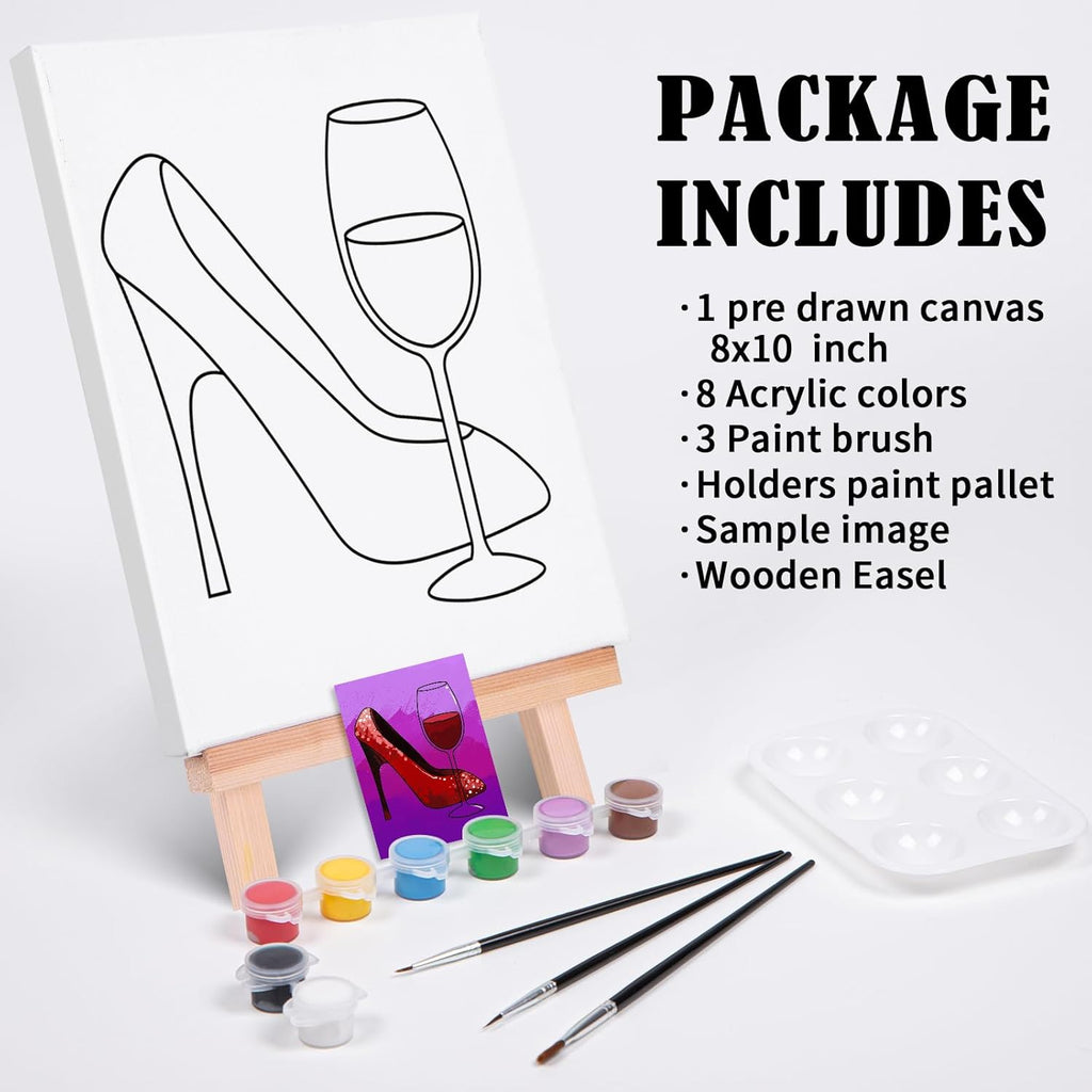 Paint and Sip Kit Pre Drawn Canvas Painting Set for Adults with Easel, 8 Acrylic Colors, 3 Brushes S472222