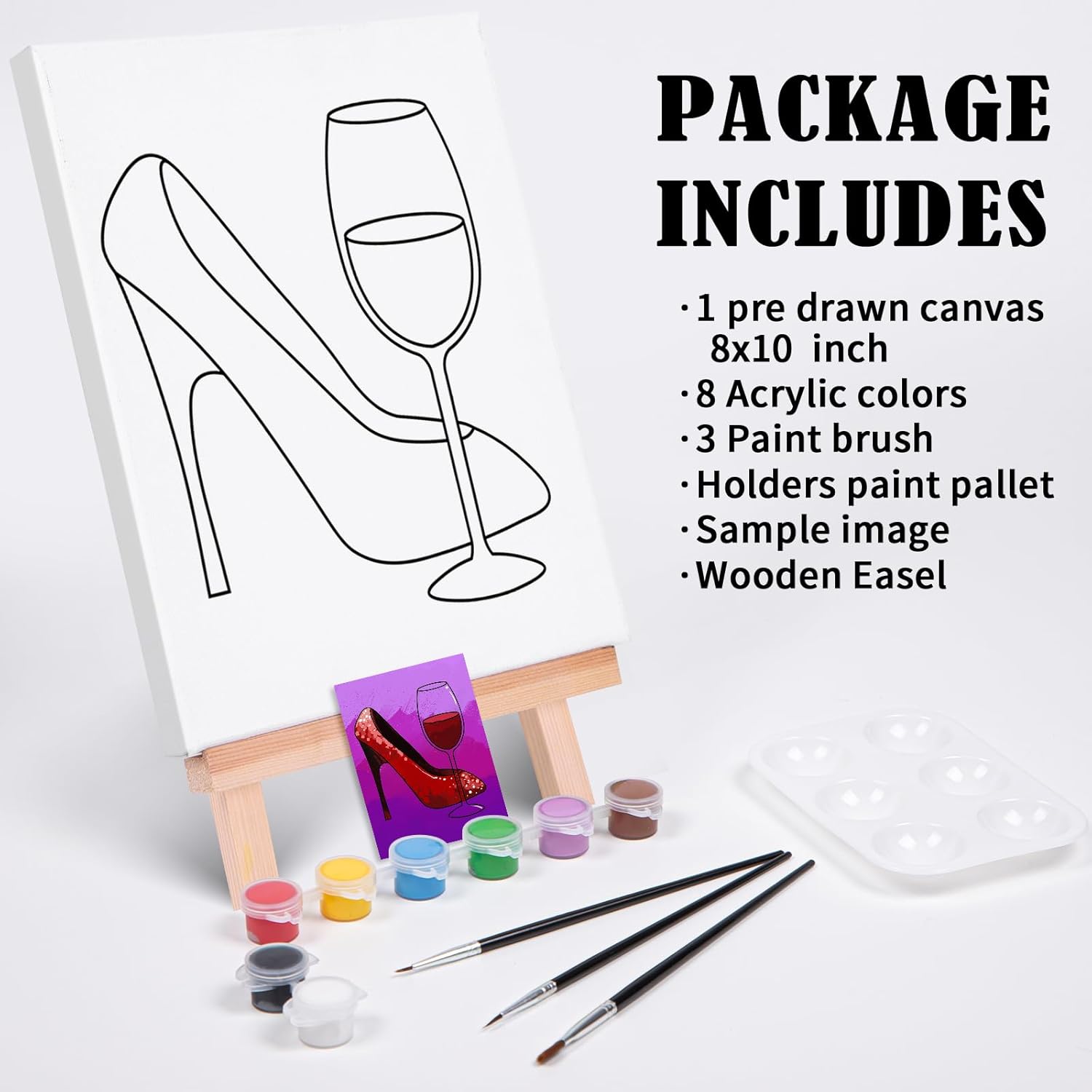 Paint and Sip Kit Pre Drawn Canvas Painting Set for Adults with Easel, 8 Acrylic Colors, 3 Brushes S472222