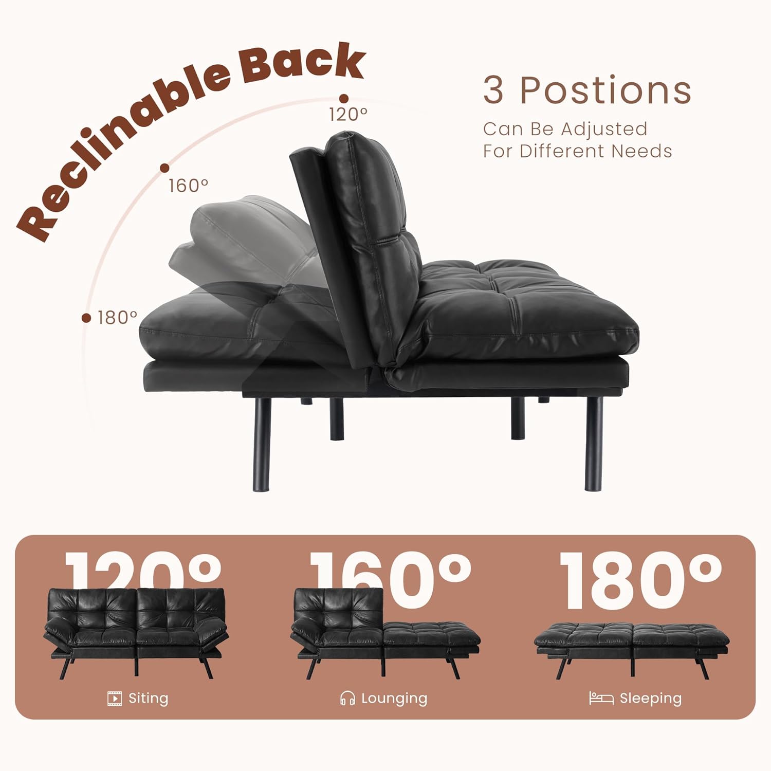 Leather Futon Sofa Bed for Living Room, Black E579