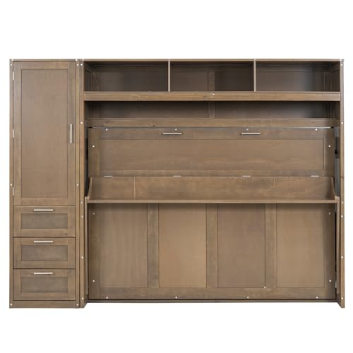 Murphy Bed with Wardrobe, Solid Wood Wall Bed with Drawers and Shelves M422945