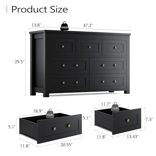 7 Drawer Dresser for Bedroom, Farmhouse Wood Chest with Metal Handle, Black E162