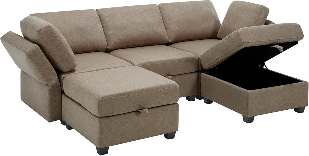 Modular Sectional Sofa with Chaise and Storage, Brown J380