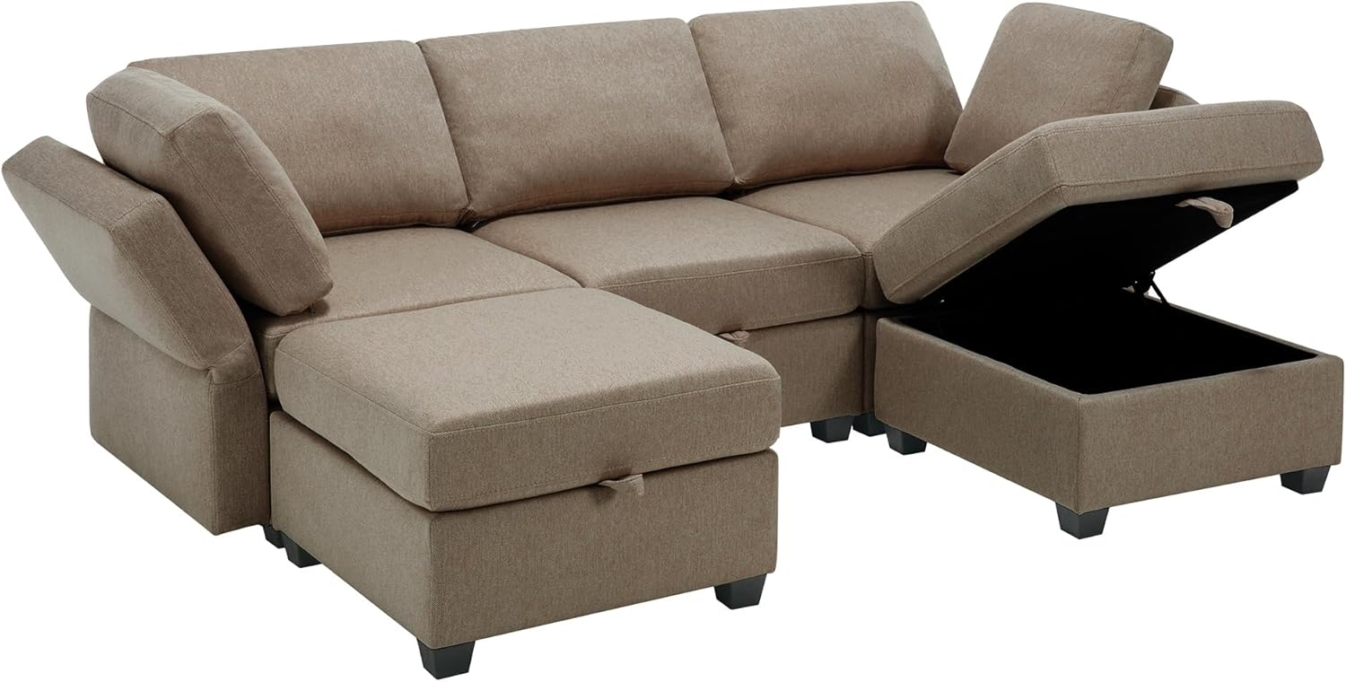 Modular Sectional Sofa with Chaise and Storage, Brown J380
