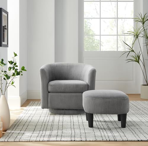 Corduroy Barrel Accent Chair with Ottoman, 360° Swivel, Grey K2375